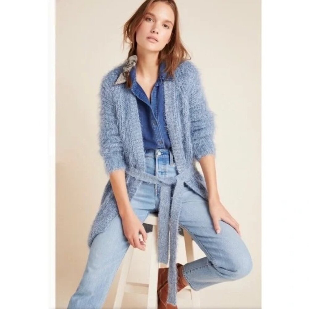 Anthropologie Blue Shaggy Larkin Metalic Knit Cardigan Sweater Womens S $160